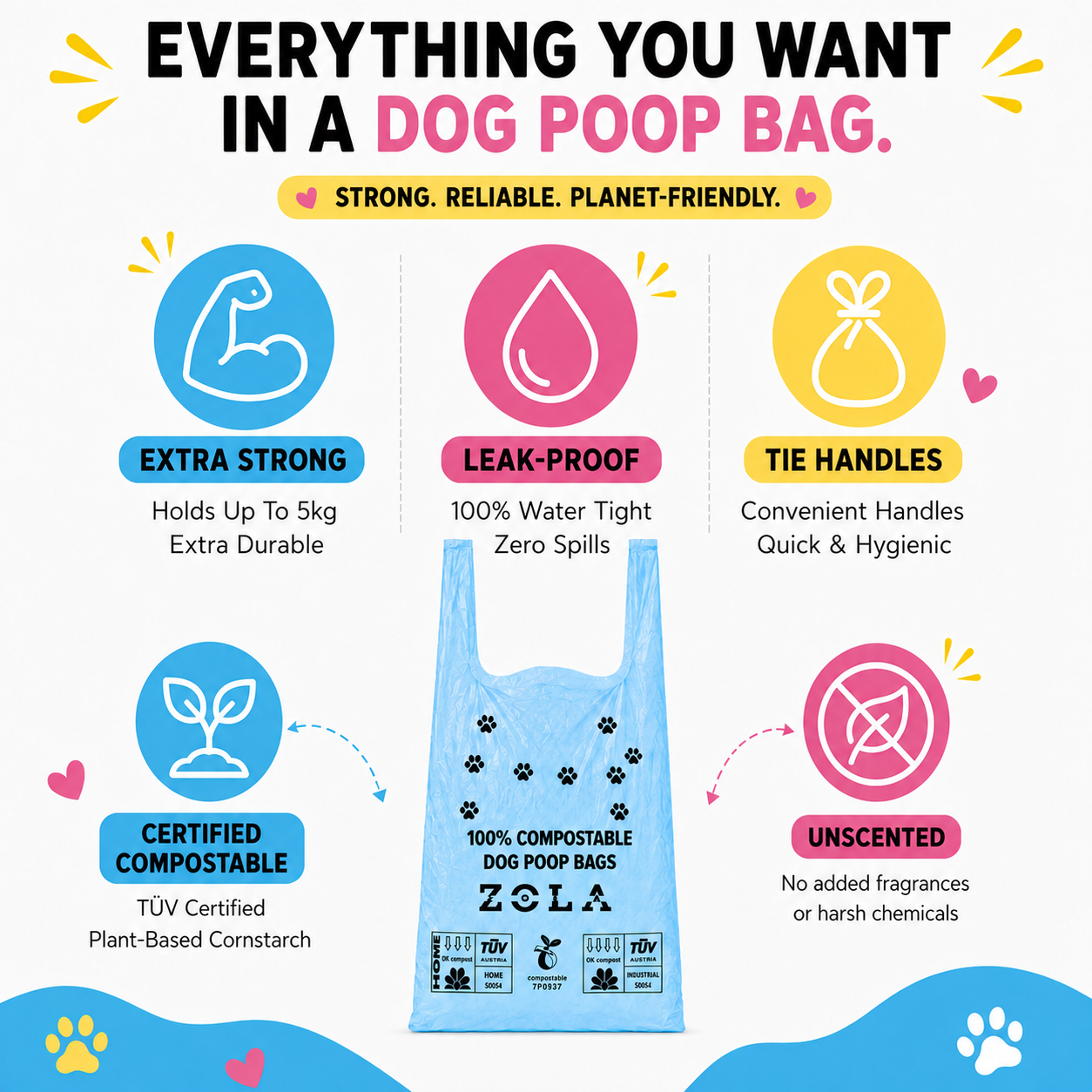 Key features of Zola Zola compostable dog poo bags with tie handles